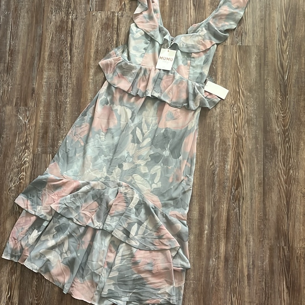 Show Me Your Mumu Formal Vacation Wedding Guest Sage Green Floral Ruffle Dress - Picture 4 of 6